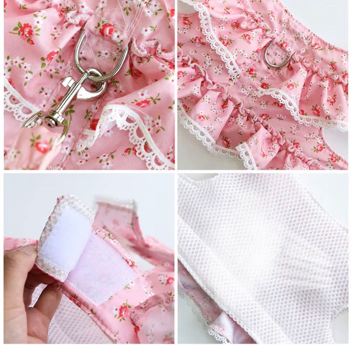Adjustable Floral Print and Lace Pet Harness and Lead Set