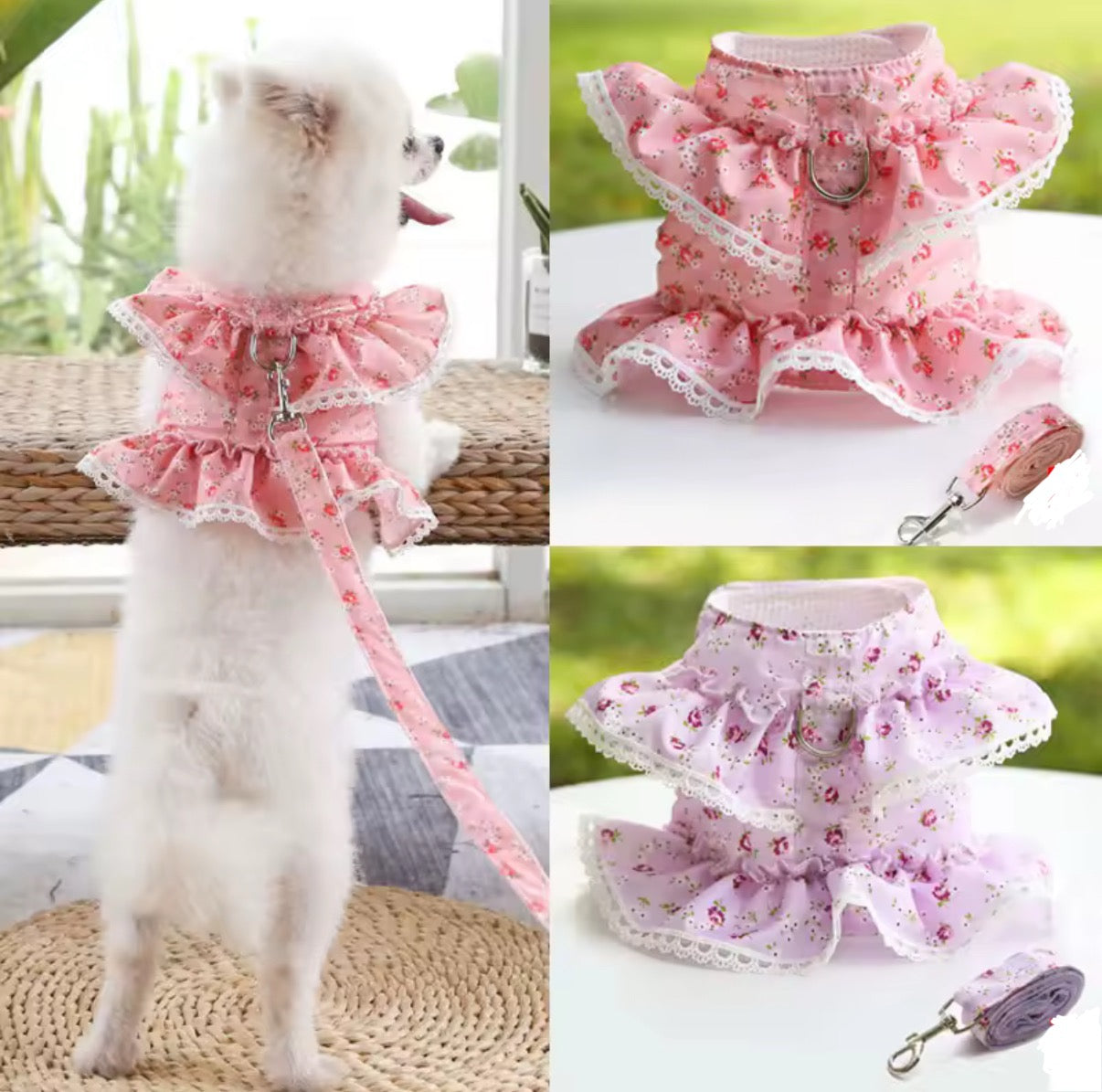 Adjustable Floral Print and Lace Pet Harness and Lead Set