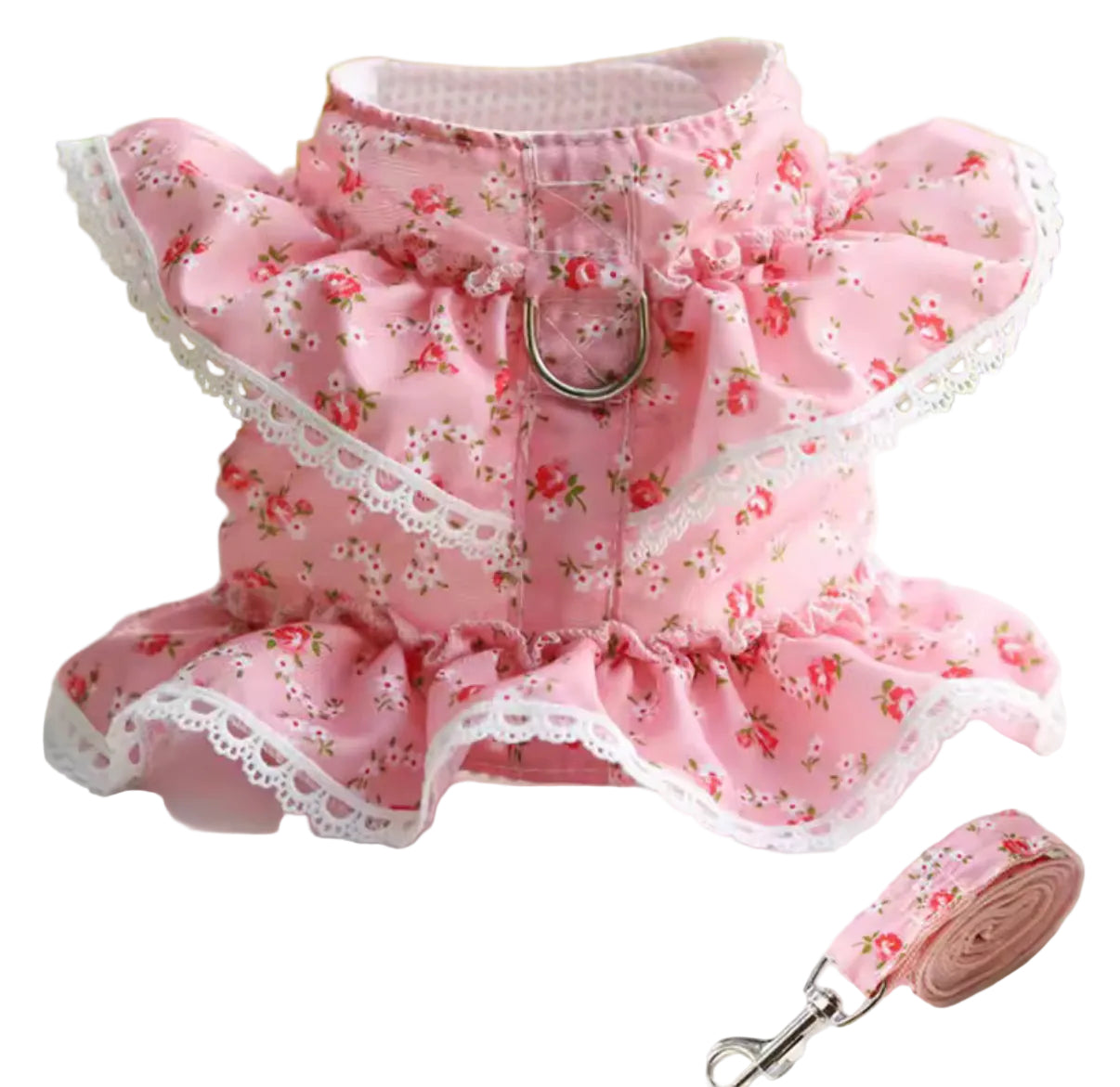 Pink floral pet harness with a matching leash with white background