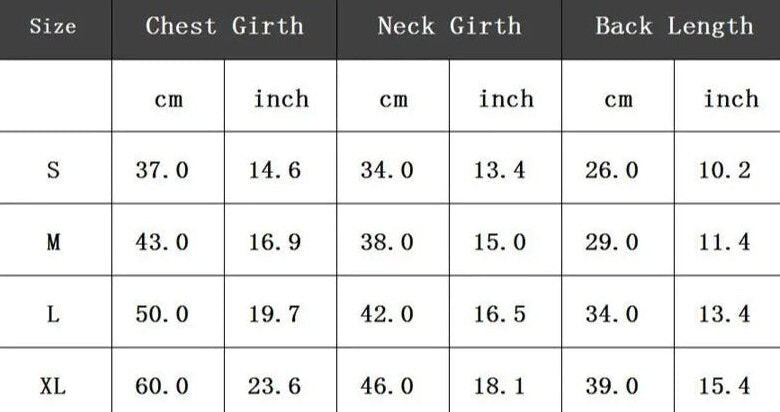 Fleece Pet Jacket size chart | Brubonchi Pet Clothing & Accessories